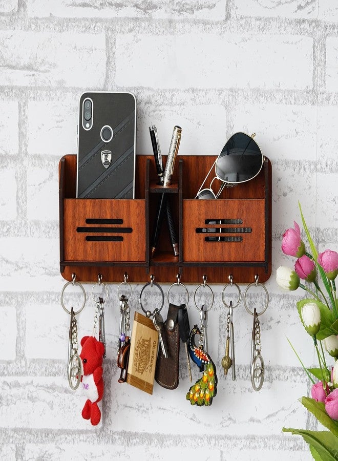 EXPRO Wooden Wall Mounted Key Holder with Mobile Charging Stand and Pen Holder | Wall Key Holder With 8 Key Hooks | Multipurpose Keychain Holders for Home & Ofiice, 30 x 20 cm - Image 1